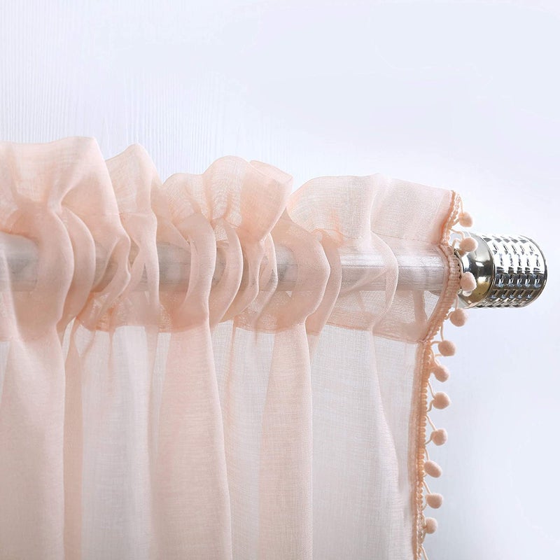 MISS SELECTEX Linen Look Pom Pom Tasseled Sheer Curtains - Rod Pocket Voile Semi-Sheer Curtains for Living and Bedroom, Set of 2 Curtain Panels (52 x 72 inch, Blush) - Image 3